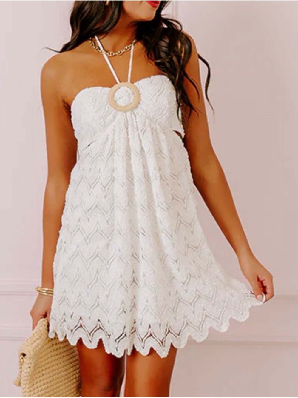 Mustard Seed Boho White Halter Crochet Mini Dress NWT Small